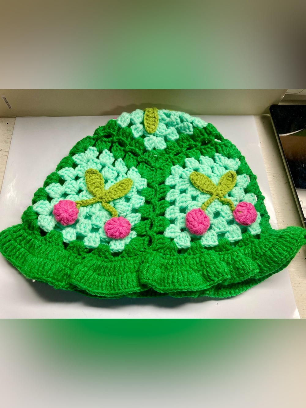 New! Crocheted/Knitted Bucket Hat w/Cherries.
